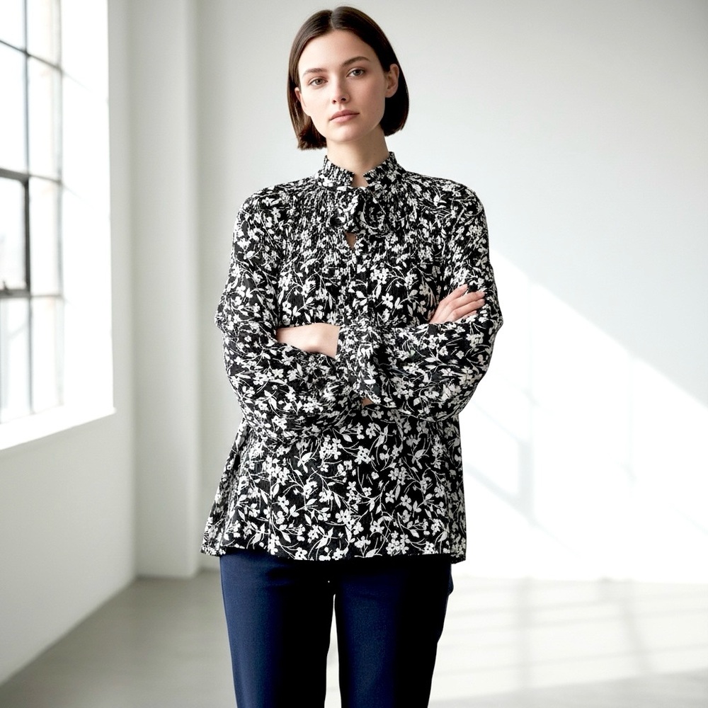 RALPH LAUREN Tie Neck Floral Georgette Blouse Pleating  Stand Collar Long Sleeve